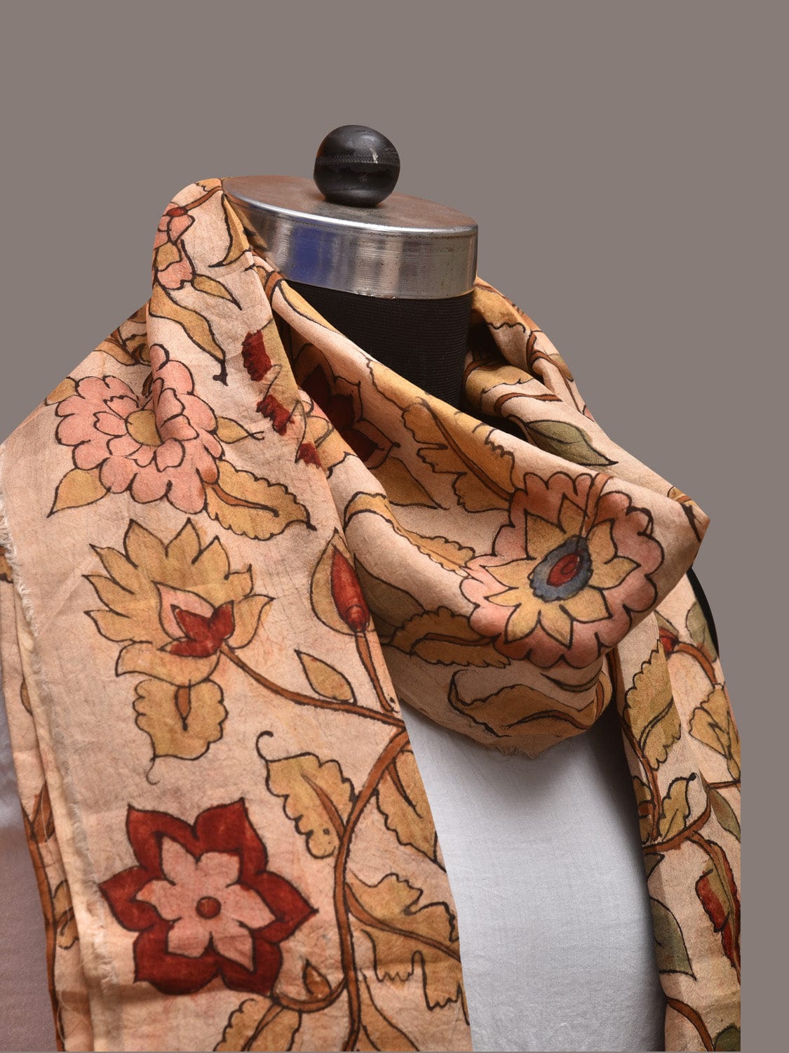 Cream Kalamkari Hand Painted Sico Stole with Tree of Life Design - Global Threads | Swadesiicart