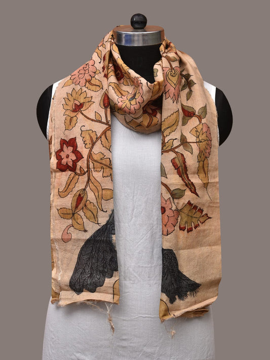 Cream Kalamkari Hand Painted Sico Stole with Tree of Life Design - Global Threads | Swadesiicart