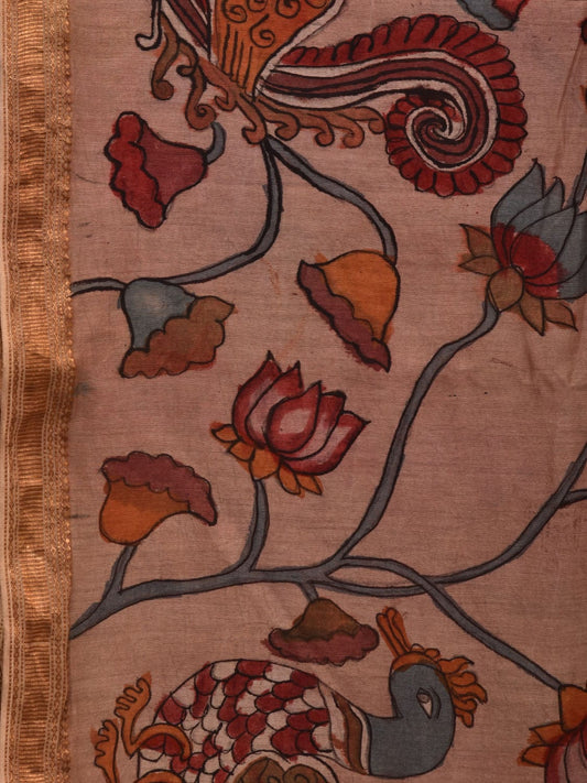 Cream Kalamkari Hand Painted Silk Muga Handloom Saree with Lotus and Birds Design - Global Threads | Swadesiicart