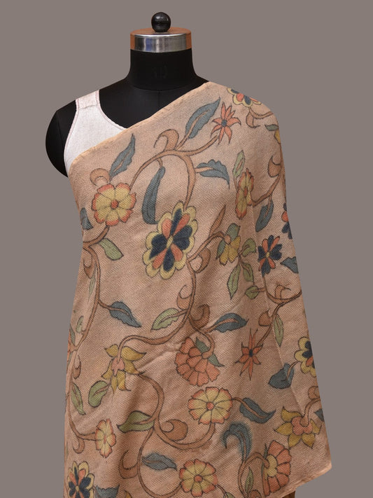 Cream Kalamkari Hand Painted Woolen Handloom Stole with Floral Design - Global Threads | Swadesiicart