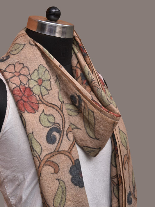 Cream Kalamkari Hand Painted Woolen Handloom Stole with Floral Design - Global Threads | Swadesiicart