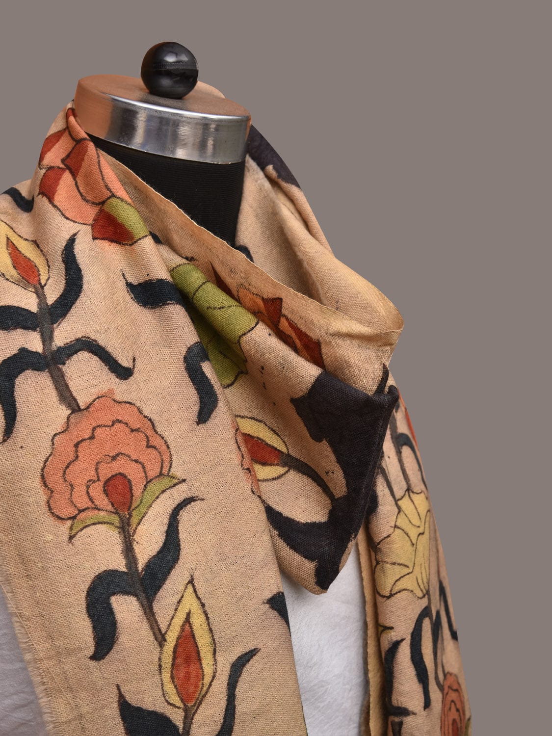 Cream Kalamkari Hand Painted Woolen Handloom Stole with Lotus and Fish Design - Global Threads | Swadesiicart