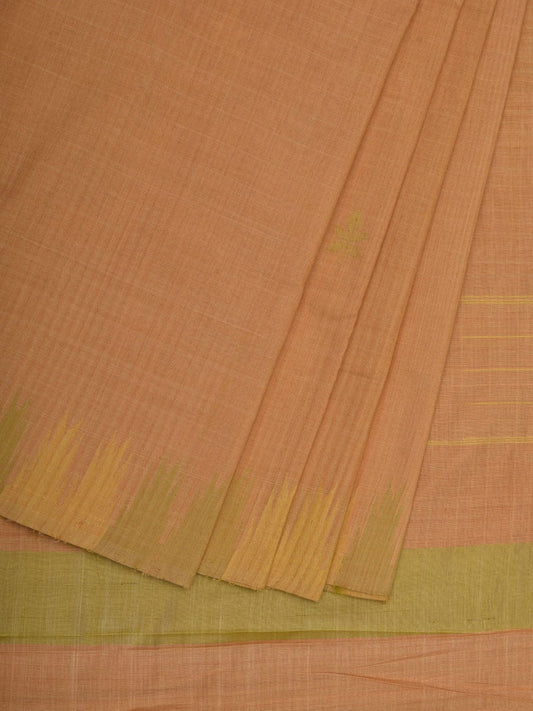 Cream Khadi Cotton Handloom Saree with Temple Border Design - Global Threads | Swadesiicart