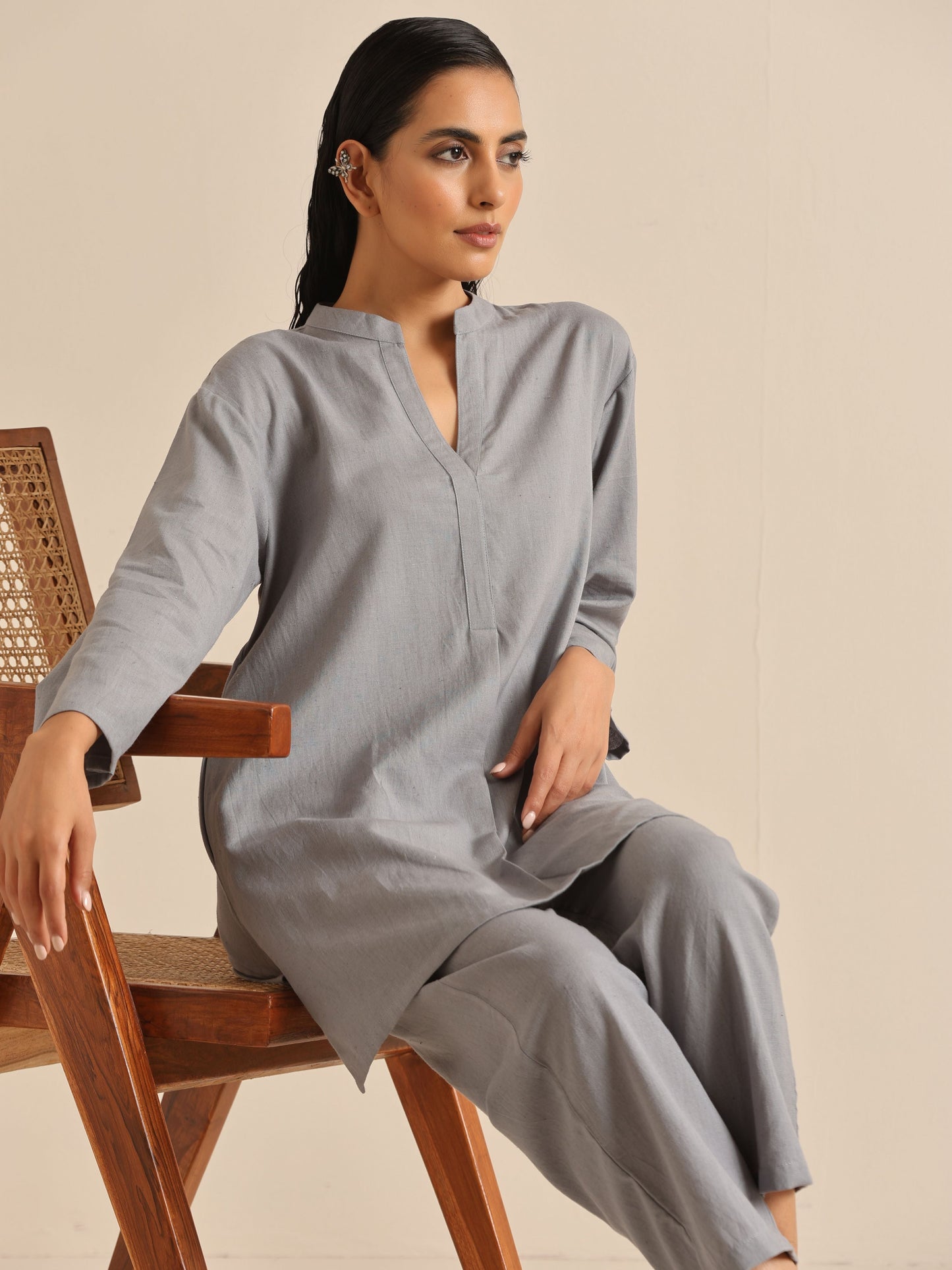 trueBrowns Steel Blue Khadi Relaxed Co-Ord Set - Swadesiicart