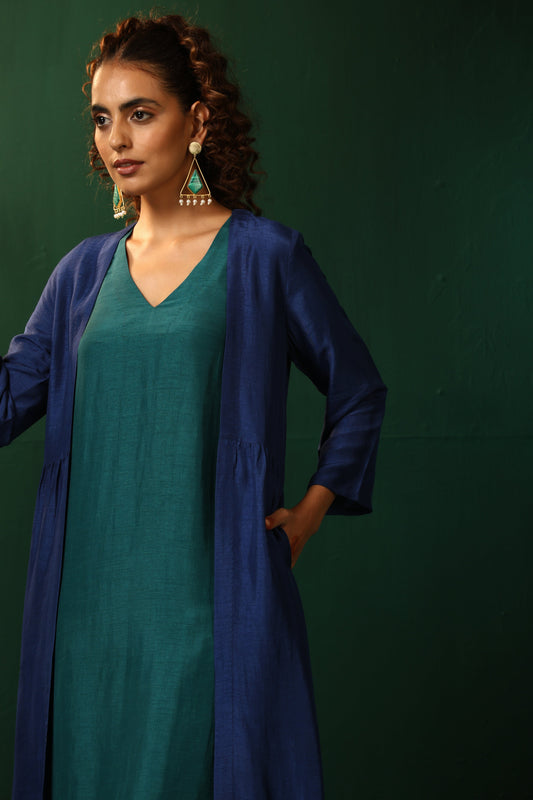 trueBrowns Blue Teal Silk Kurta Jacket Set | Swadesiicart