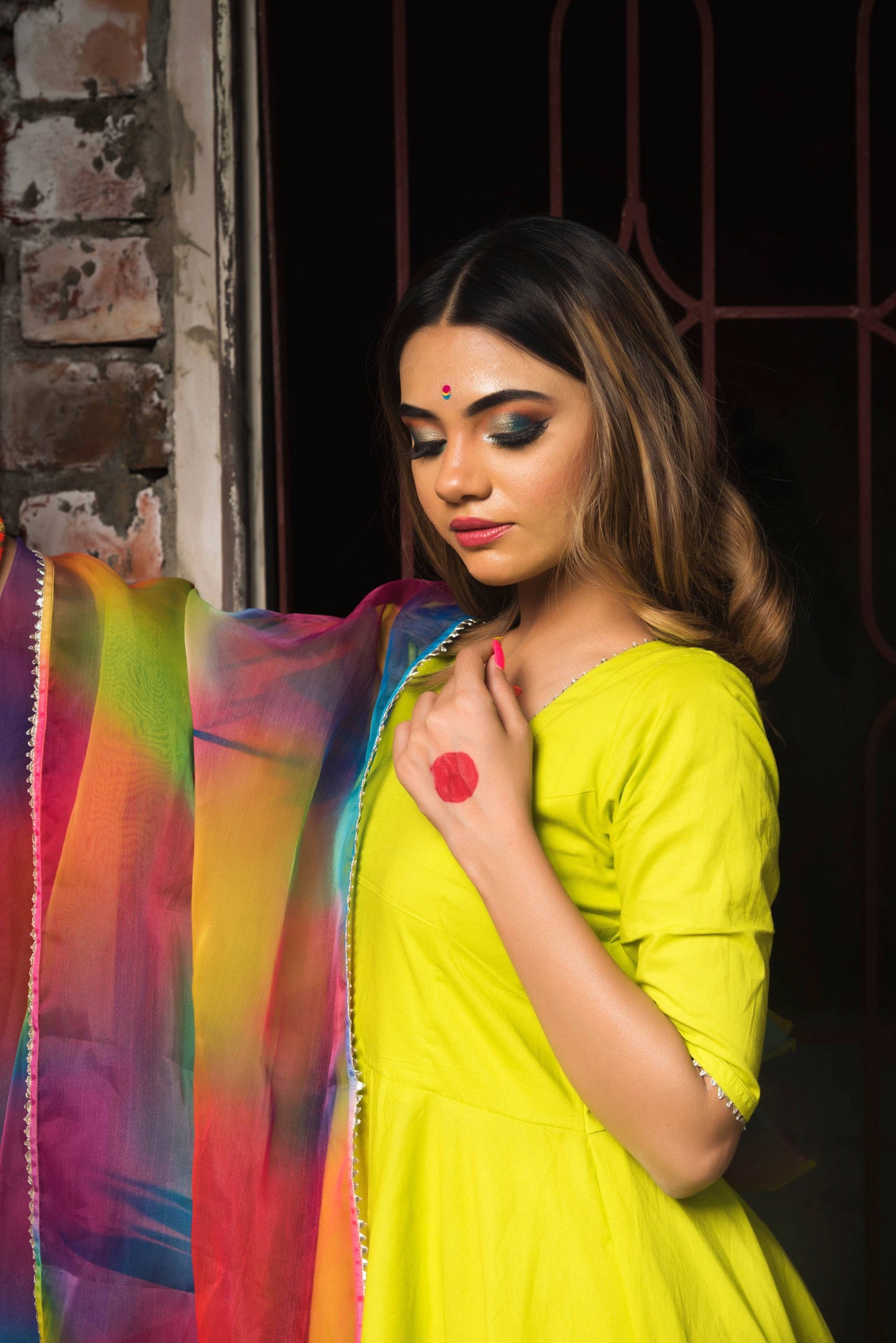 Pomcha Jaipur Gulaal Green Pure Cotton Anarkali Set | Swadesiicart