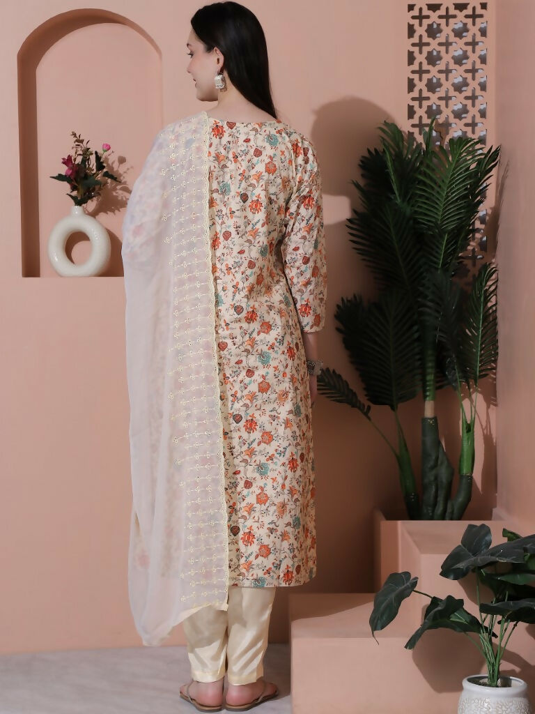 Jyoti Fashion Women's Beige Cotton Floral Digital Printed Kurta with Trouser & Dupatta