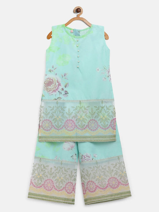 Ahalyaa Aqua Blue Crepe Printed Kids Kurta Palazzo Sets For Girls