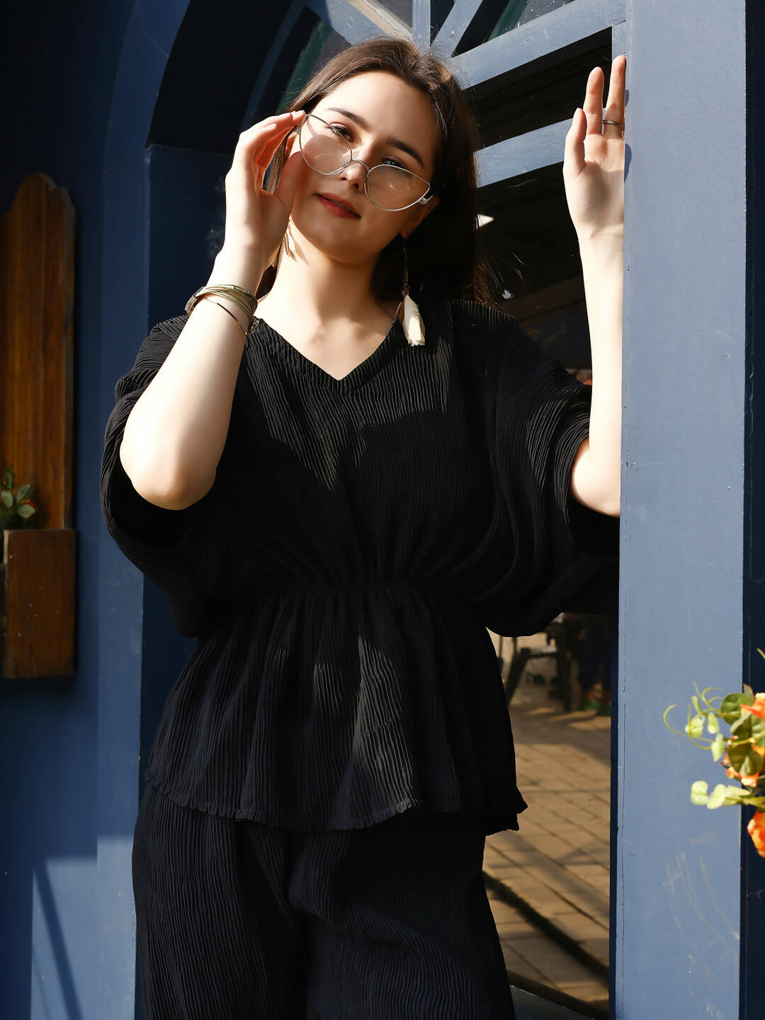 Black Crush Plain Top with Matching Bottom - Eesha - Swadesiicart