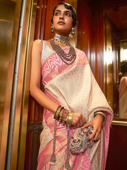 Mitera Cream-Coloured & Pink Paisley Silk Blend Banarasi Saree | Swadesiicart