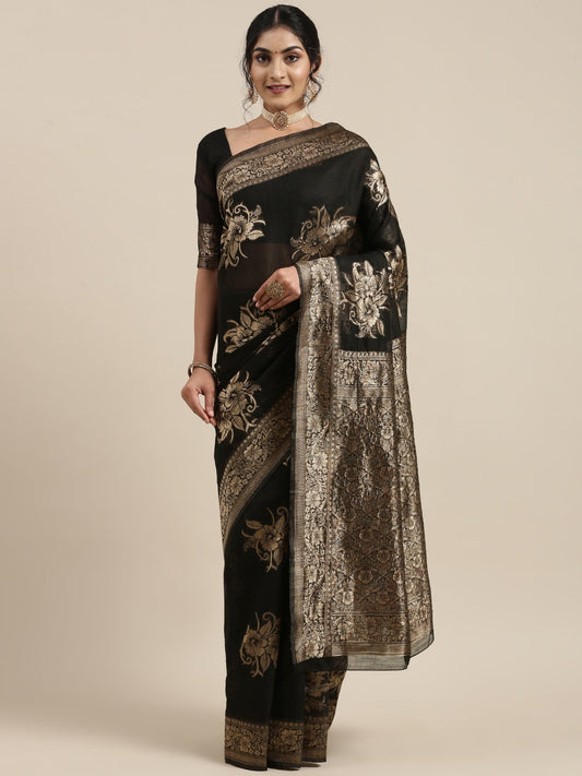 Saree Mall Black Floral Linen Blend Banarasi Saree | Swadesiicart