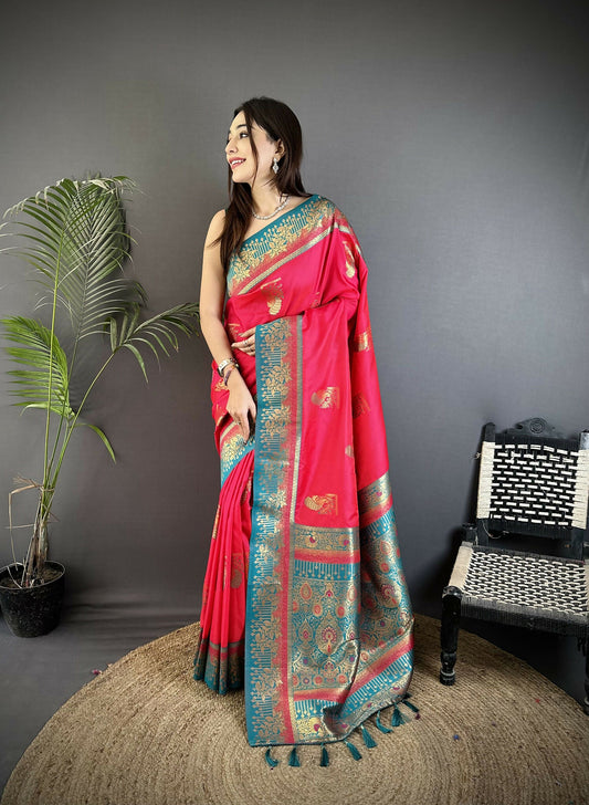 Joban Fashion Hot Pink Banarasi Soft Silk Peacock Butta Work Saree | Swadesiicart