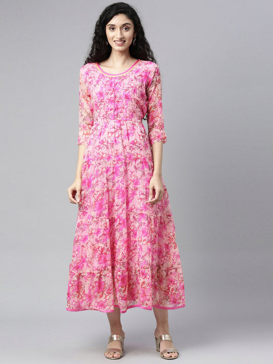 Souchii Beautiful Pink & peaches n cream Floral Layered Chiffon Midi Dress - SOUCHII