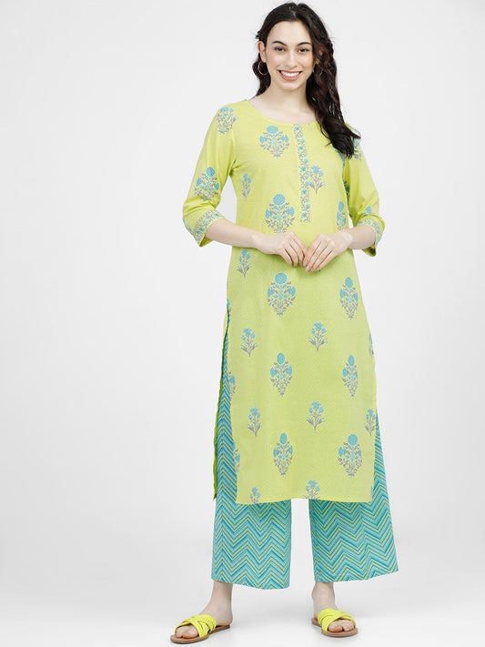 Vishudh Women Lime Green Ethnic Motifs Printed Regular Pure Cotton Kurta with Palazzos - Swadesiicart