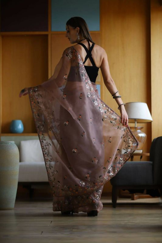 Vamsee Brown Organza Saree - Swadesiicart