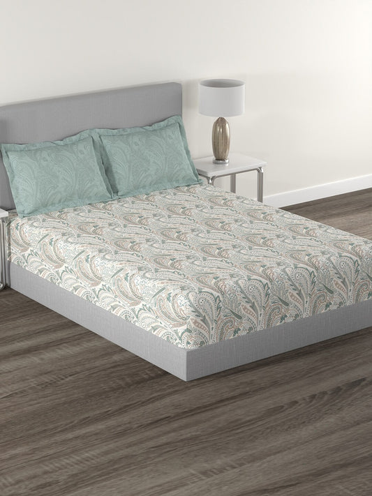 MYTRIDENT Green White Ethnic Motifs Cotton 144 TC Queen Bedsheet With 2 Pillow Covers - Swadesiicart