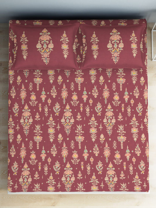 SPACES Aurum Red Ethnic Motifs Pure Cotton 140 TC Queen Bedsheet with 2 Pillow Covers - Swadesiicart