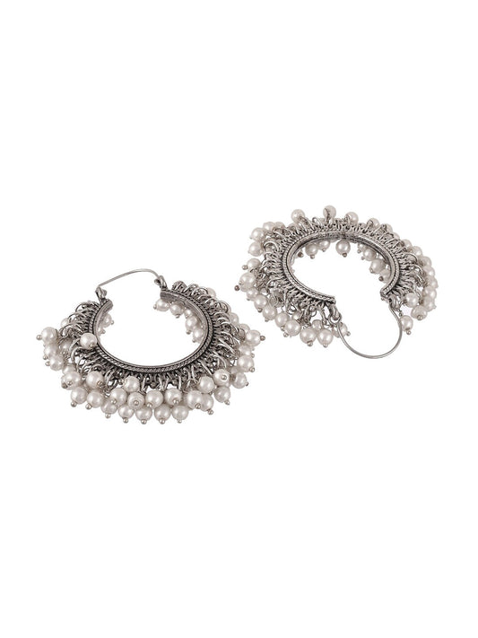 Shoshaa Silver-Toned & White Contemporary Hoop Earrings | Swadesiicart