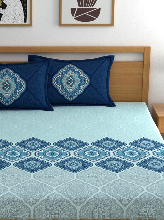 Dreamscape Blue Ethnic Motifs 140 TC Fitted Cotton King Bedsheet & Pillow Covers - Swadesiicart