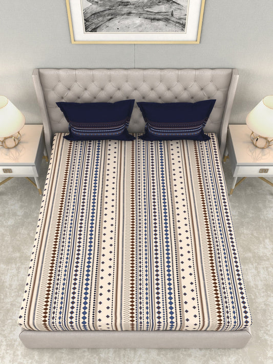 MYTRIDENT Multicoloured Blue Geometric 120 TC Cotton 1 Queen Bedsheet with 2 Pillow Covers - Swadesiicart