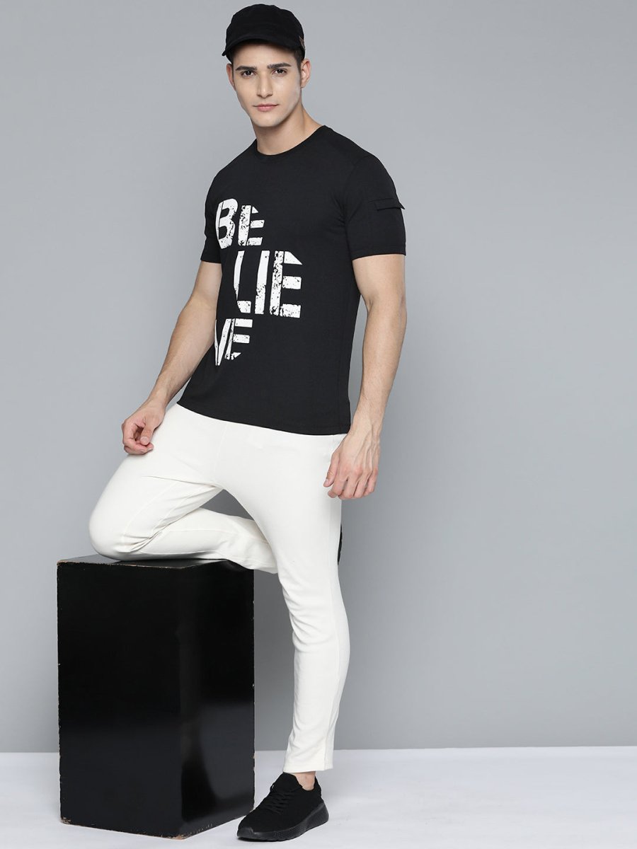 Alcis Men Black & White Typography Printed T-shirt | Swadesiicart