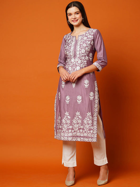 Kalini Floral Embroidered Cotton Straight Kurta - Swadesiicart