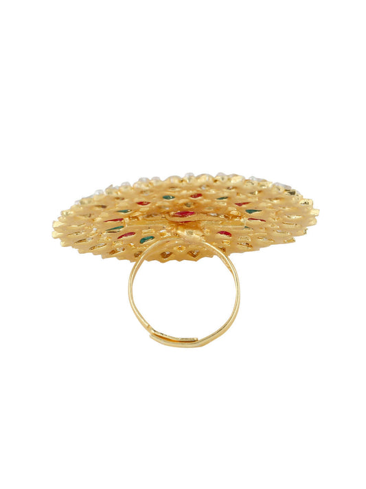 NVR Women's Traditional Ethnic Kundan Meenakari Gold-Polished Ajustable Finger Ring | Swadesiicart