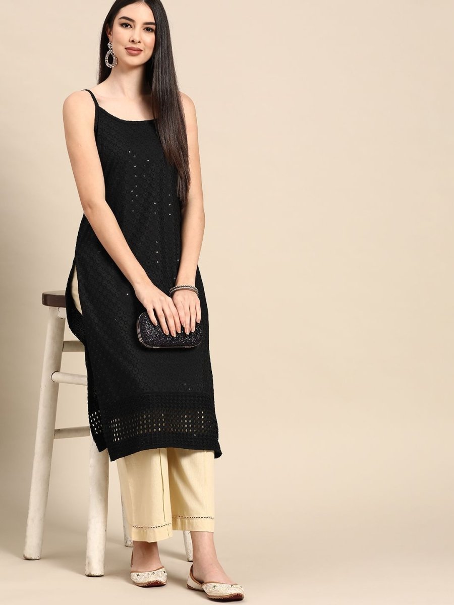 Anouk Women Black Cotton Ethnic Motifs Schiffli Embroidered Fusion Kurta - Swadesiicart