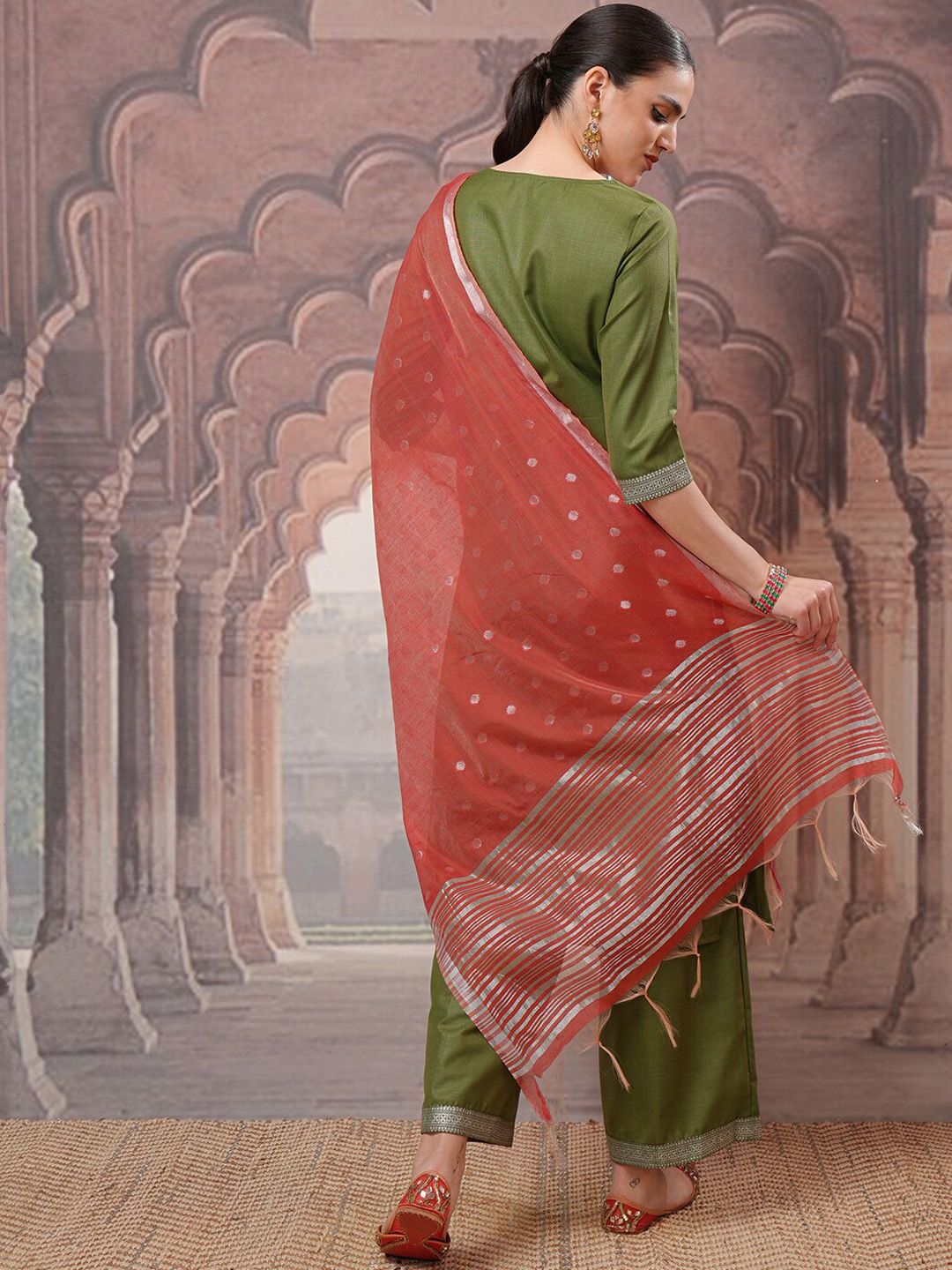 Vishudh Green Ethnic Motifs Printed Kurta with Palazzo & Dupatta - Swadesiicart