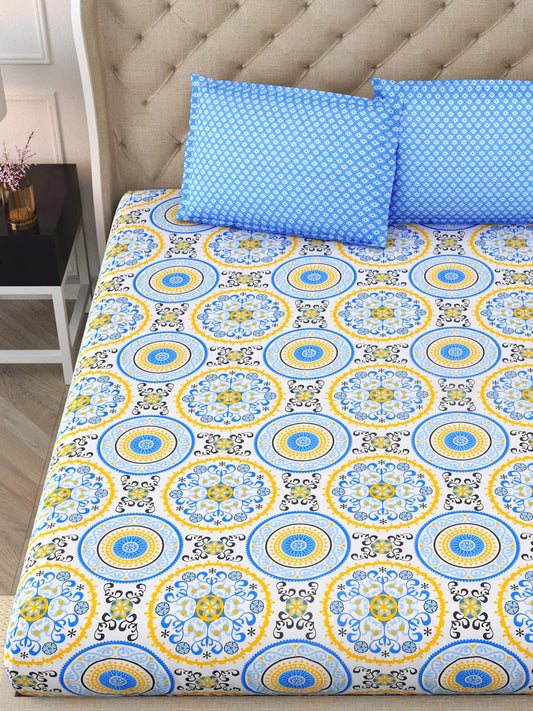 DREAM WEAVERZ Blue & Yellow Cotton Ethnic Motifs 300 TC Double Bedsheet with 2 Pillow Covers - Swadesiicart