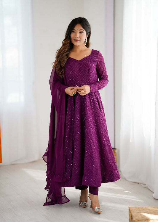 Joban Fashion Wine Kurta Set Georgette Sequence Embroidery Work