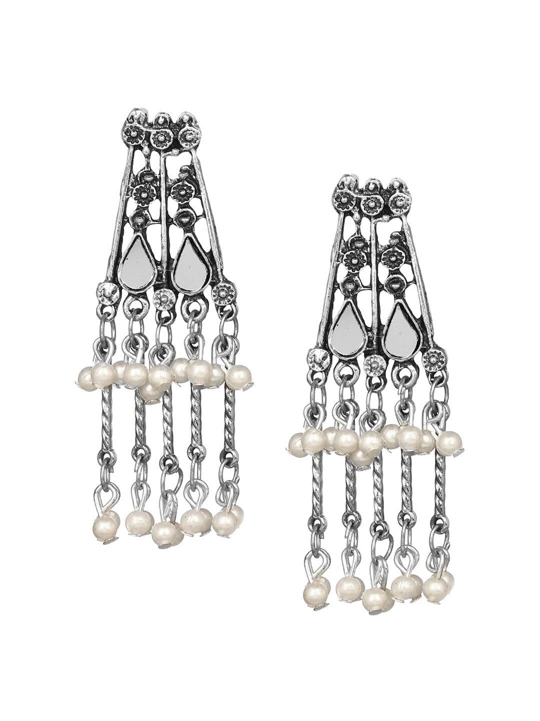 Cardinal Silver-Toned Mirror Studded & Beaded Oxidised Choker Jewellery Set | Swadesiicart
