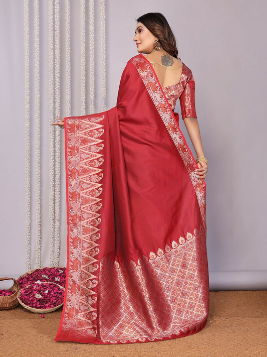 Joban Fashion Banarasi Red Jacquard WovenSoft Silk Saree | Swadesiicart