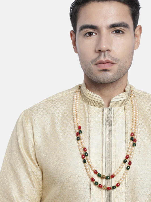 2 Layered Traditional Gold-Polished Dulha Moti Mala with Beads Maharaja Haar/Groom Long Necklace For Men - Wahe Jewels