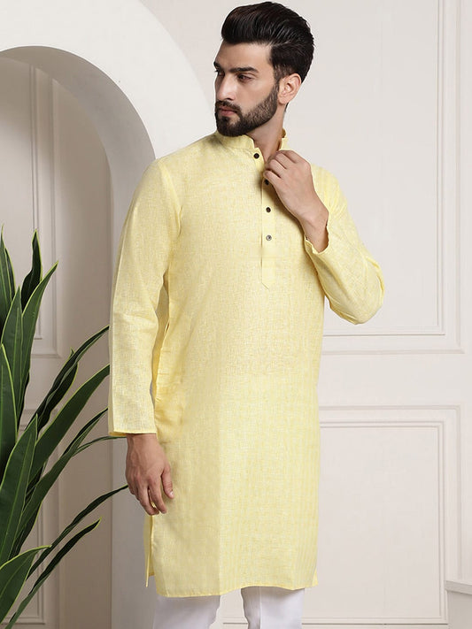 Sojanya Men Yellow Dobby Self-Checked Straight Kurta | Swadesiicart