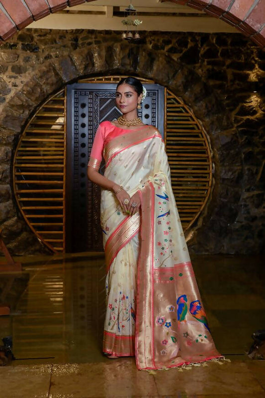 Vishnu Weaves Women's Cream Paithani Silk Zari Woven Saree with Unstitched Blouse - Swadesiicart