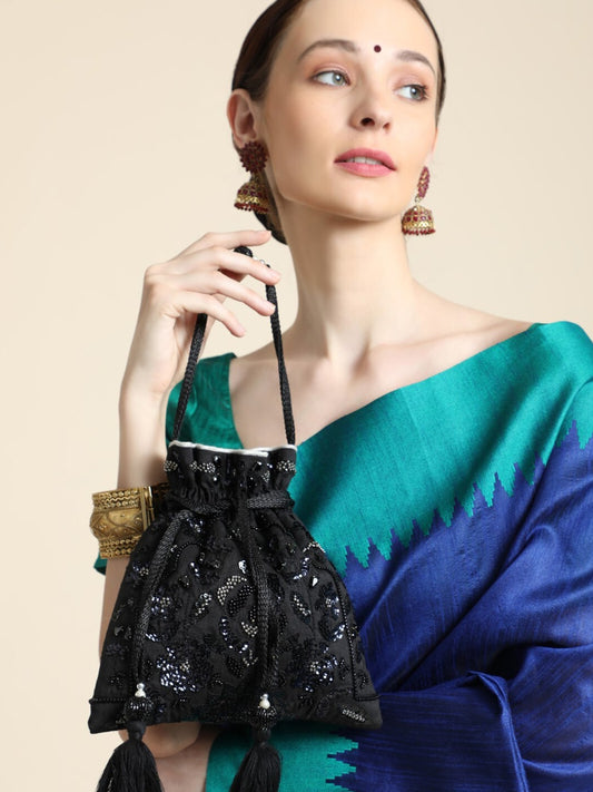 Masq Black & White Embroidered Potli Clutch - Swadesiicart