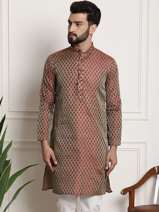 Sojanya Men Maroon & Golden Ethnic Motifs Jacquard Silk Kurta | Swadesiicart