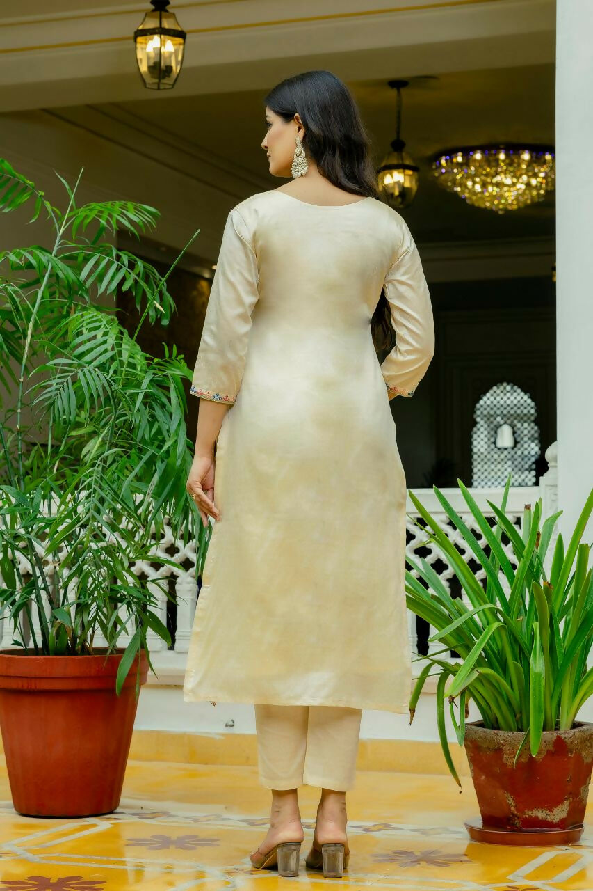 The52 Chiku Women's Beautiful Thread Work Viscose Assam Silk Fabric with Straight Kurta, Pant and Dupatta Set - Swadesiicart