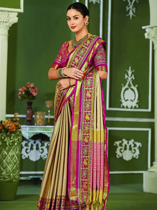 Mitera Beige & Pink Zari Pure Silk Banarasi Saree | Swadesiicart