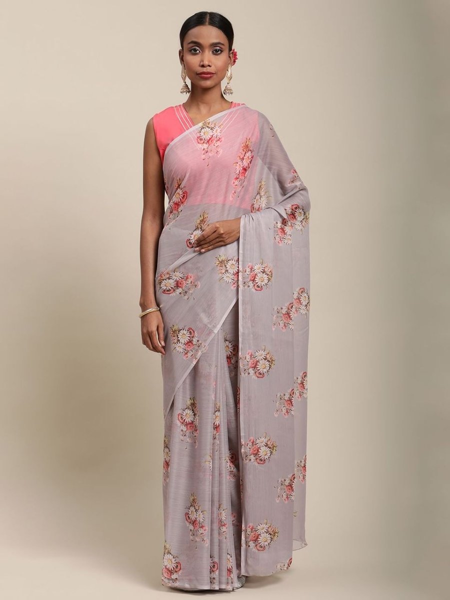 Ahalyaa Women's Grey Chiffon Floral Digital Print Saree | Swadesiicart