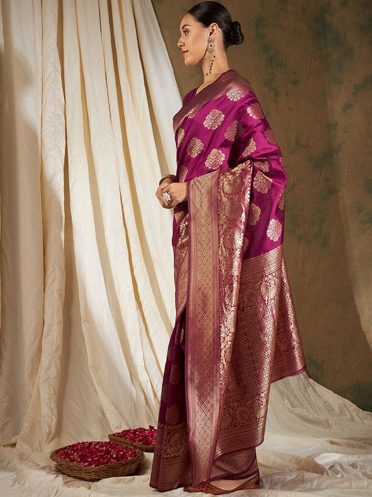 Sangria Burgundy & Gold-Toned Ethnic Motifs Woven Design Zari Silk Blend Banarasi Saree | Swadesiicart