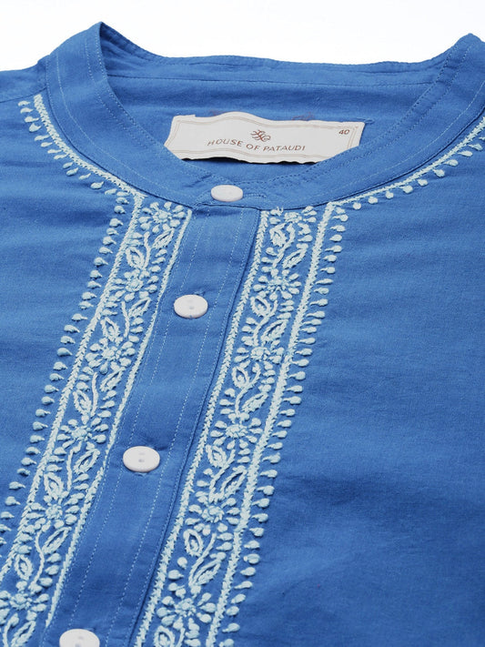 House of Pataudi Men Pure Cotton Solid Chikankari Jashn Short Kurta | Swadesiicart