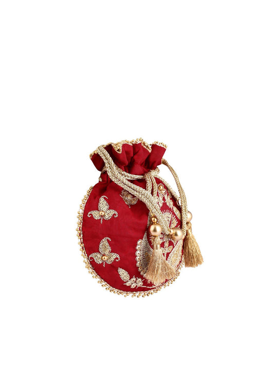 Masq Red & Gold-Toned Embellished Embroidered Potli Clutch - Swadesiicart