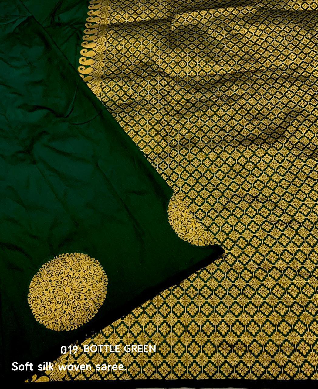 Green Silk Woven Swadesiicart with Unstitched Blouse - Hiral Fashion