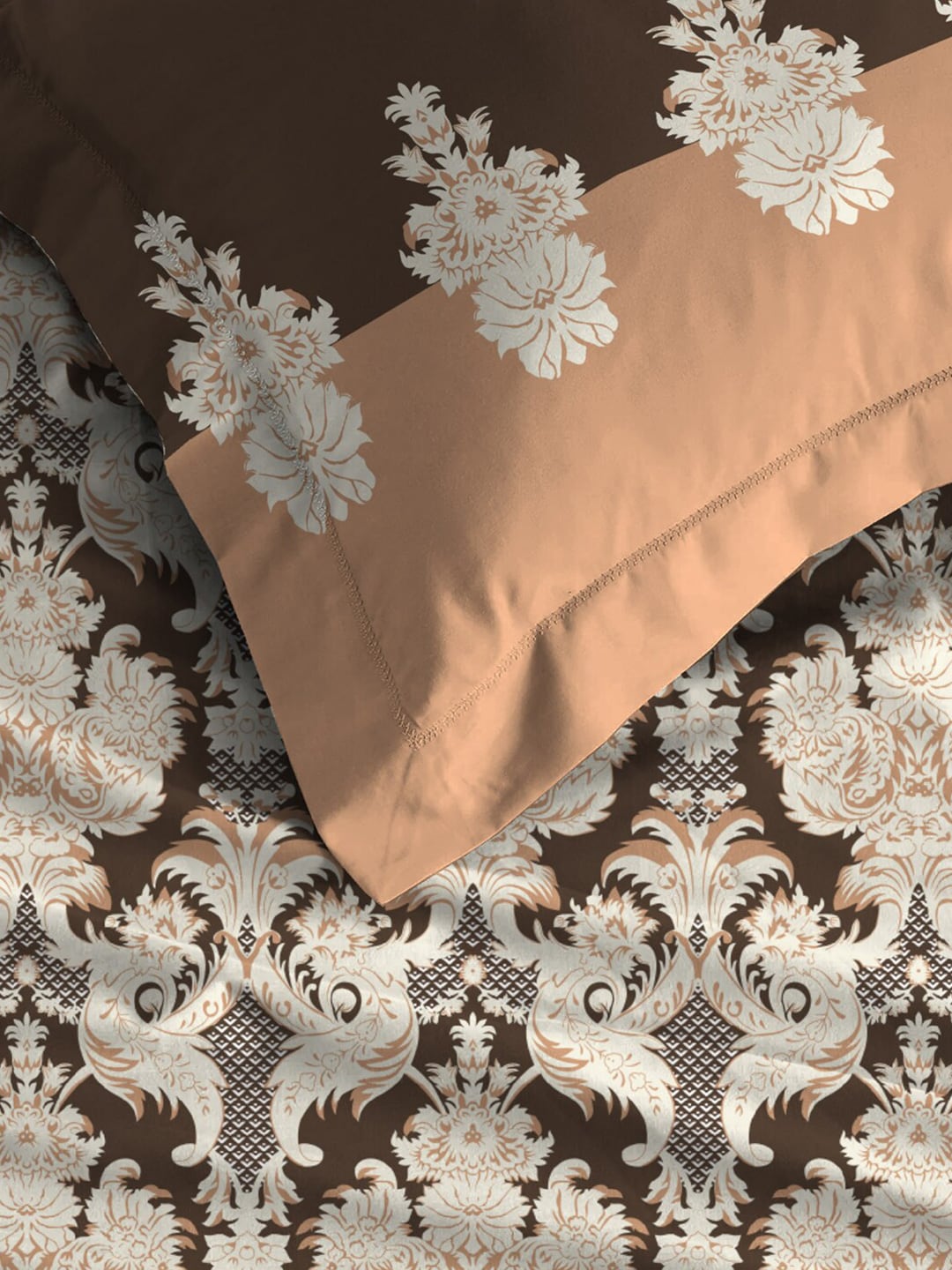 MYTRIDENT Brown White Ethnic Motifs Cotton 144 TC Queen Bedsheet With 2 Pillow Covers - Swadesiicart