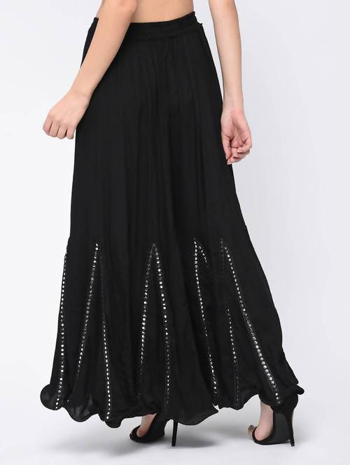 Mominos Fashion Black Viscose Rayon Flared Palazzo with Mirror Lace Work - Swadesiicart