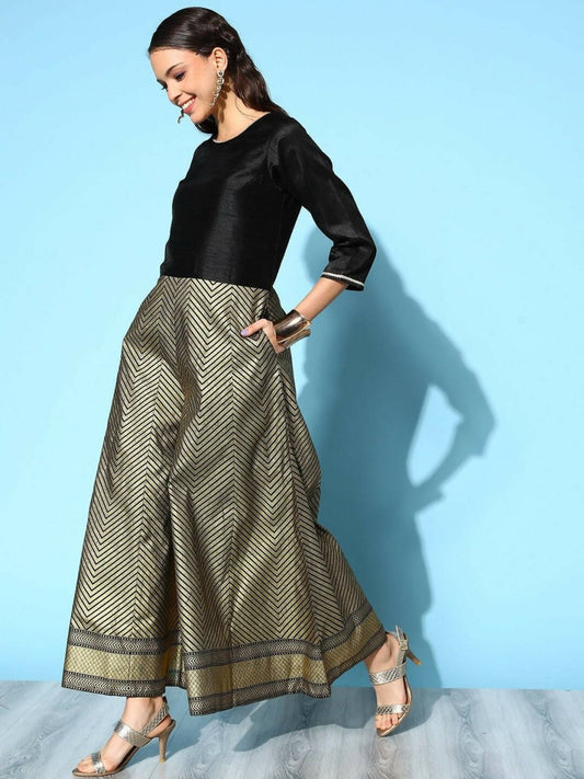 Ahalyaa Womens Black Poly Silk Gold Printed Jumpsuit - Swadesiicart