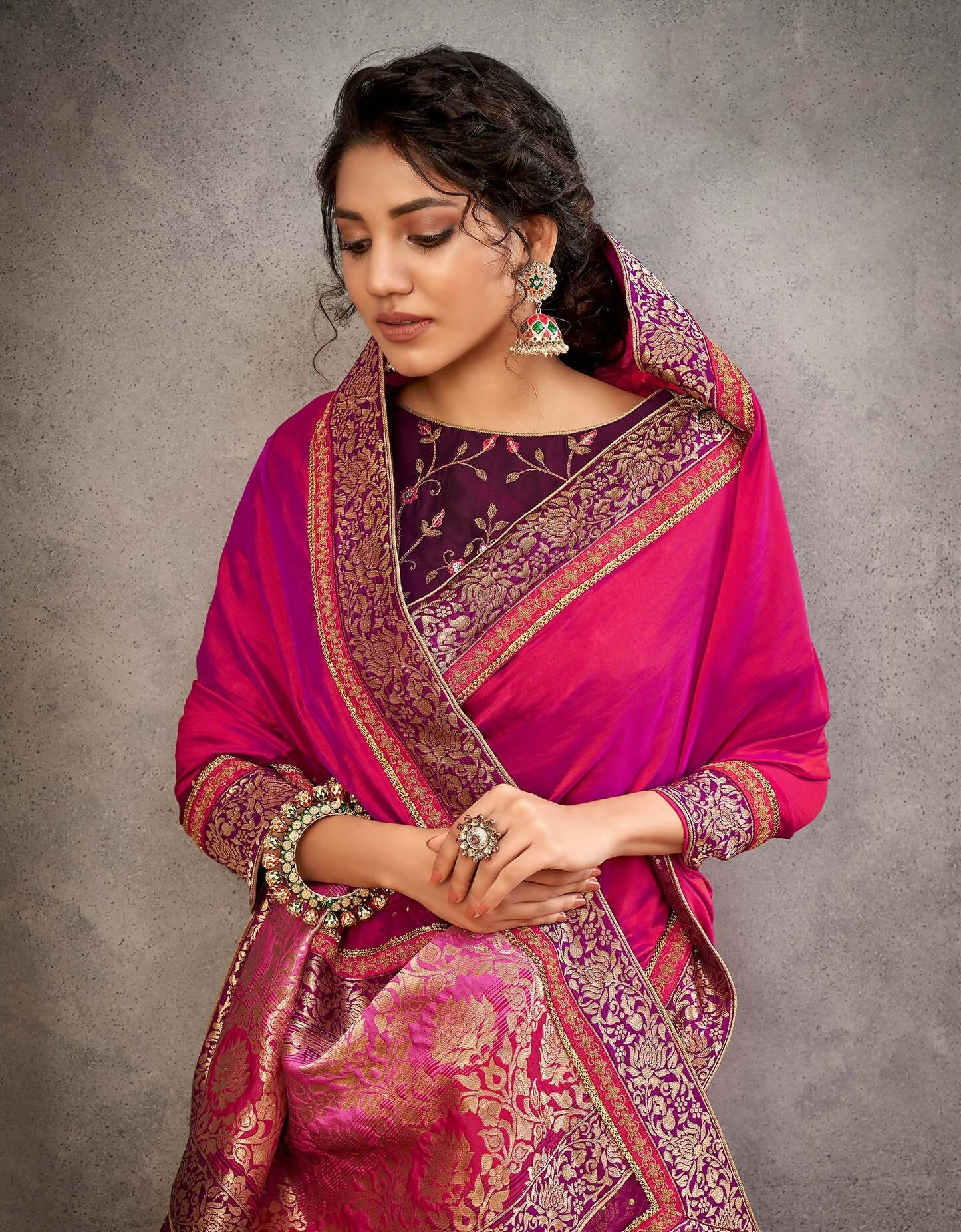 Pinkish-Purple Dual Tone Silk Georgette Thread, Zari And Cord Embroidery, Handwork Butta Saree - Norita Arinya | Swadesiicart