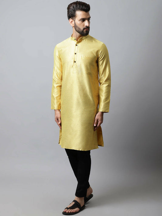 Even Apparels Yellow Color Art Silk Banarsi Silk Men's Kurta With Band Collar (BS017) | Swadesiicart